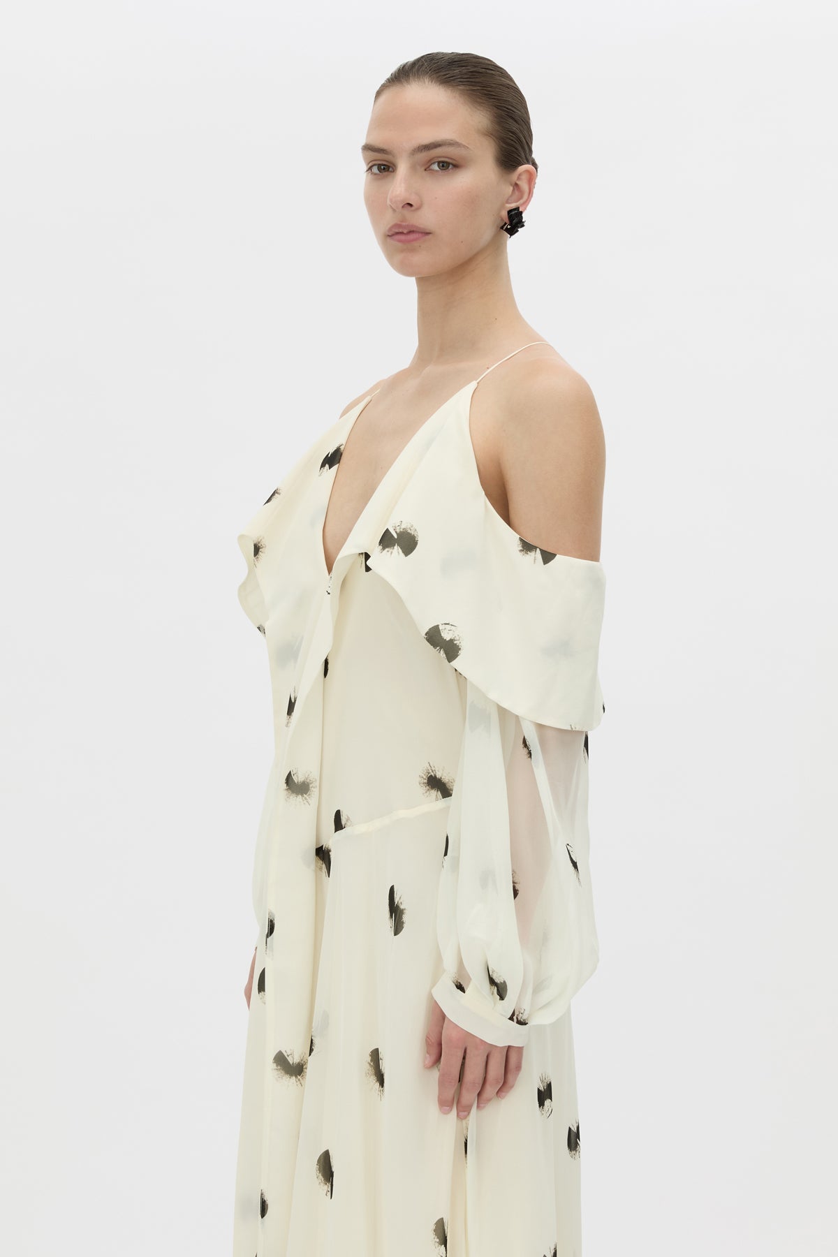 Cropped view CAMILLA AND MARC Adel Long Sleeve Maxi Dress with adjustable straps and exposed shoulder sleeves.