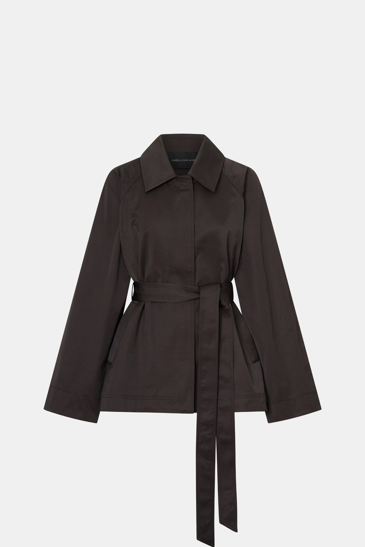 Ghost view CAMILLA AND MARC Aidra Short Trench Coat in hickory with twin-needle stitch detail.