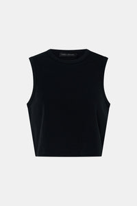 Ghost view CAMILLA AND MARC Alba Crop Rib Tank in black with bound low armholes and neckline.