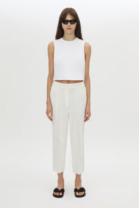 Front view CAMILLA AND MARC Alba Crop Rib Tank in soft white with bound low armholes and neckline.