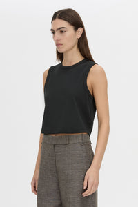 Cropped view CAMILLA AND MARC Alba Crop Rib Tank in black with bound low armholes and neckline.