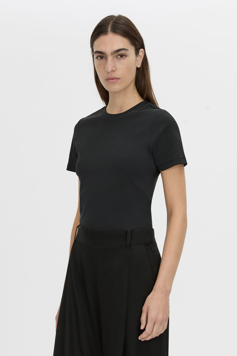 crop view CAMILLA AND MARC Alba cotton rib fitted tee in black with self-rib bind at the neck, narrow twin needle finish, designed to fade.