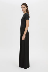 Side view CAMILLA AND MARC Alba cotton rib fitted tee in black with self-rib bind at the neck, narrow twin needle finish, designed to fade.