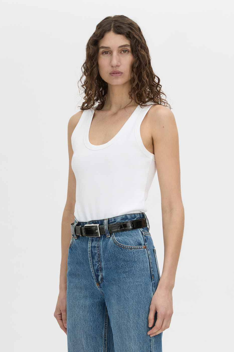 crop view CAMILLA AND MARC Alba rib scoop cotton tank in soft white with acid-wash rib cotton, designed to fade.