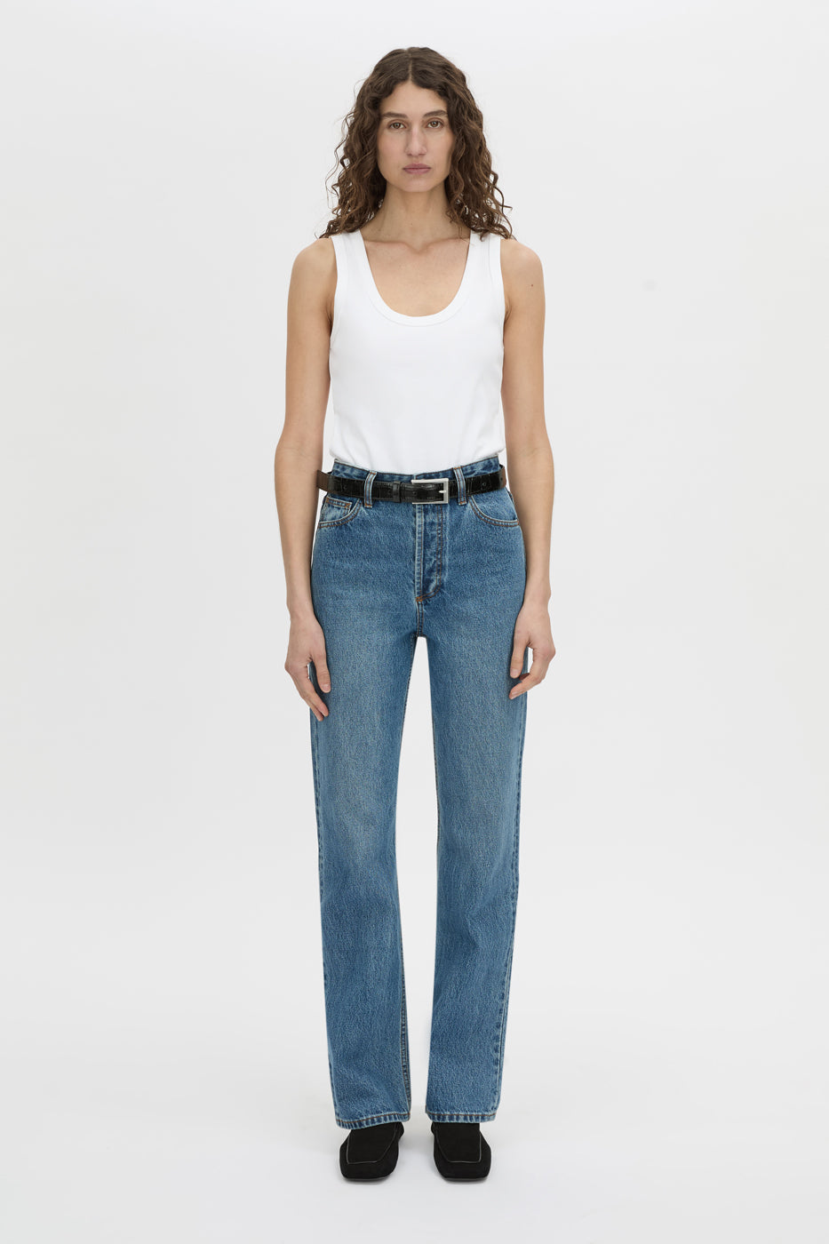 Front-styled view CAMILLA AND MARC Alba rib scoop cotton tank in soft white with acid-wash rib cotton, designed to fade.