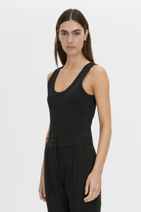 crop view CAMILLA AND MARC Alba rib scoop cotton tank in black with acid-wash rib cotton, designed to fade.
