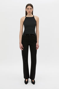 Front view CAMILLA AND MARC Alba high neck rib cotton blend fitted tank in black with spaghetti straps and rib binding at edges.