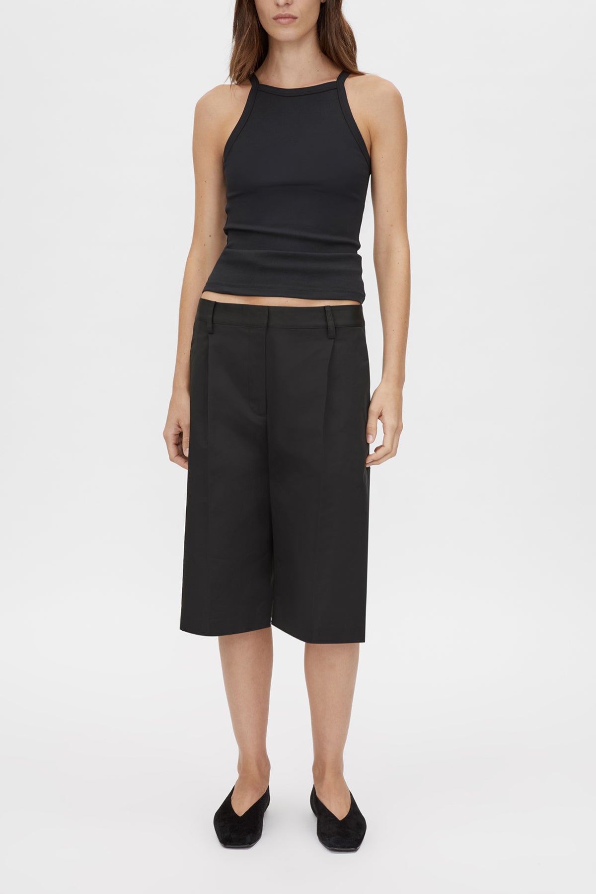 Alba Spaghetti Strap Tank - CAMILLA AND MARC Alba high neck, rib cotton blend fitted tank in black with spaghetti straps and rib