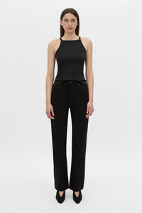 Front view CAMILLA AND MARC Alba high neck rib cotton blend fitted tank in black with spaghetti straps and rib binding at edges.