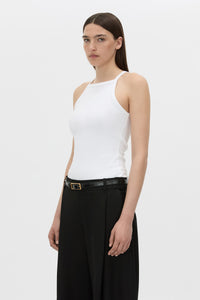 Cropped view CAMILLA AND MARC Alba high neck rib cotton blend fitted tank in white with spaghetti straps and rib binding at edges.