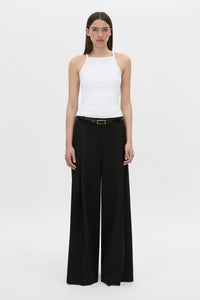 Front-styled view CAMILLA AND MARC Alba high neck rib cotton blend fitted tank in white with spaghetti straps and rib binding at edges.