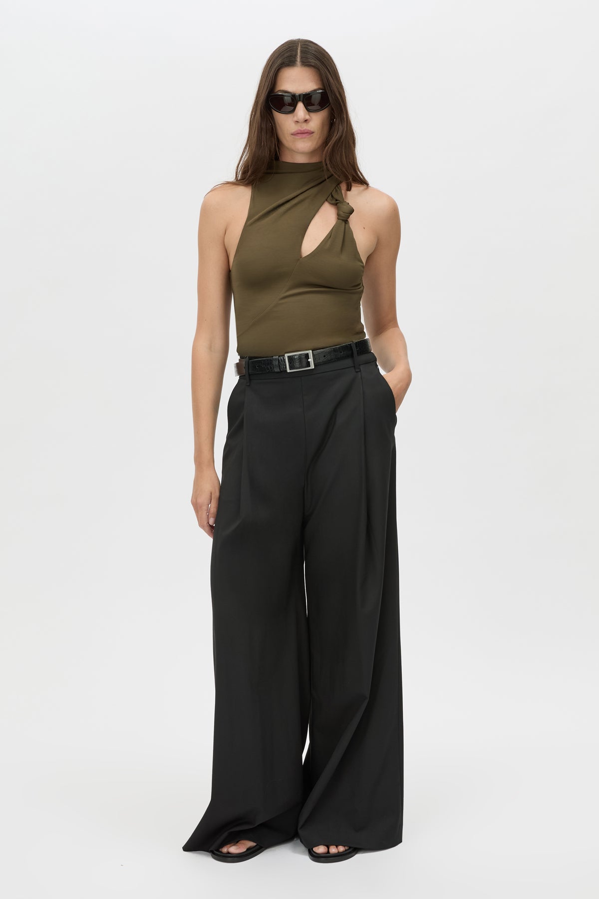 Alda Bodysuit - CAMILLA AND MARC CAMILLA AND MARC Alda green draped sleeveless halter bodysuit with chest knot detai