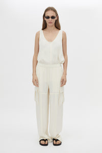 Front view CAMILLA AND MARC Allegro Satin Pant in Cream styled with the Allegro Satin Tank.