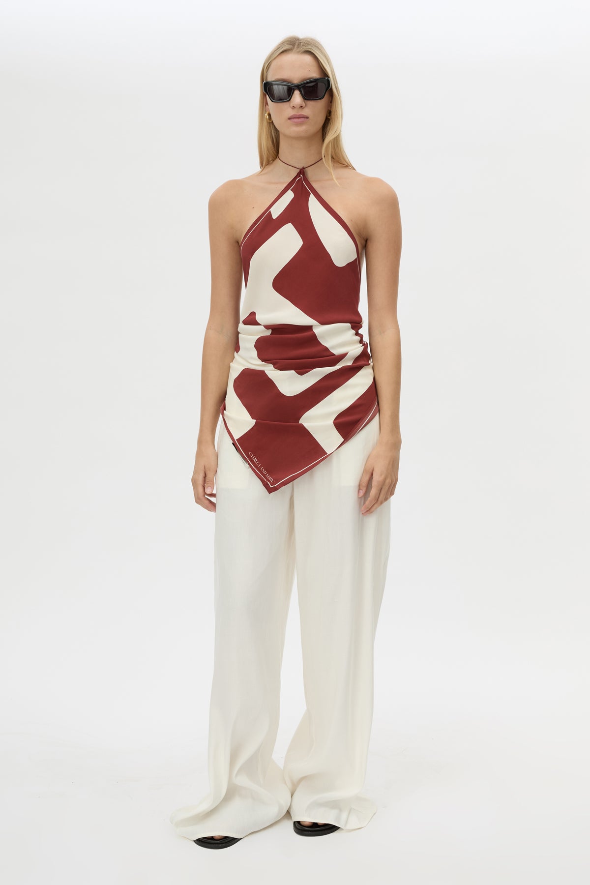 Front view CAMILLA AND MARC Alva Scarf Top in Alva Print in 100% silk.