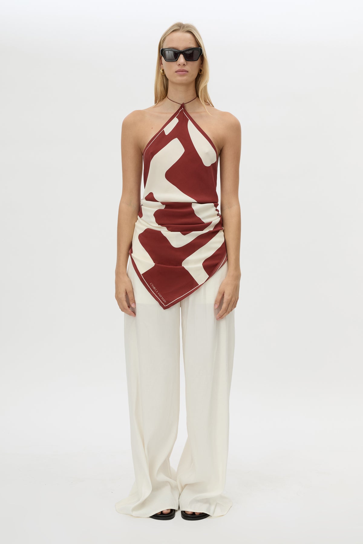 Front view CAMILLA AND MARC Alva Scarf Top in Alva Print styled with the Chara Embroidered Pant.