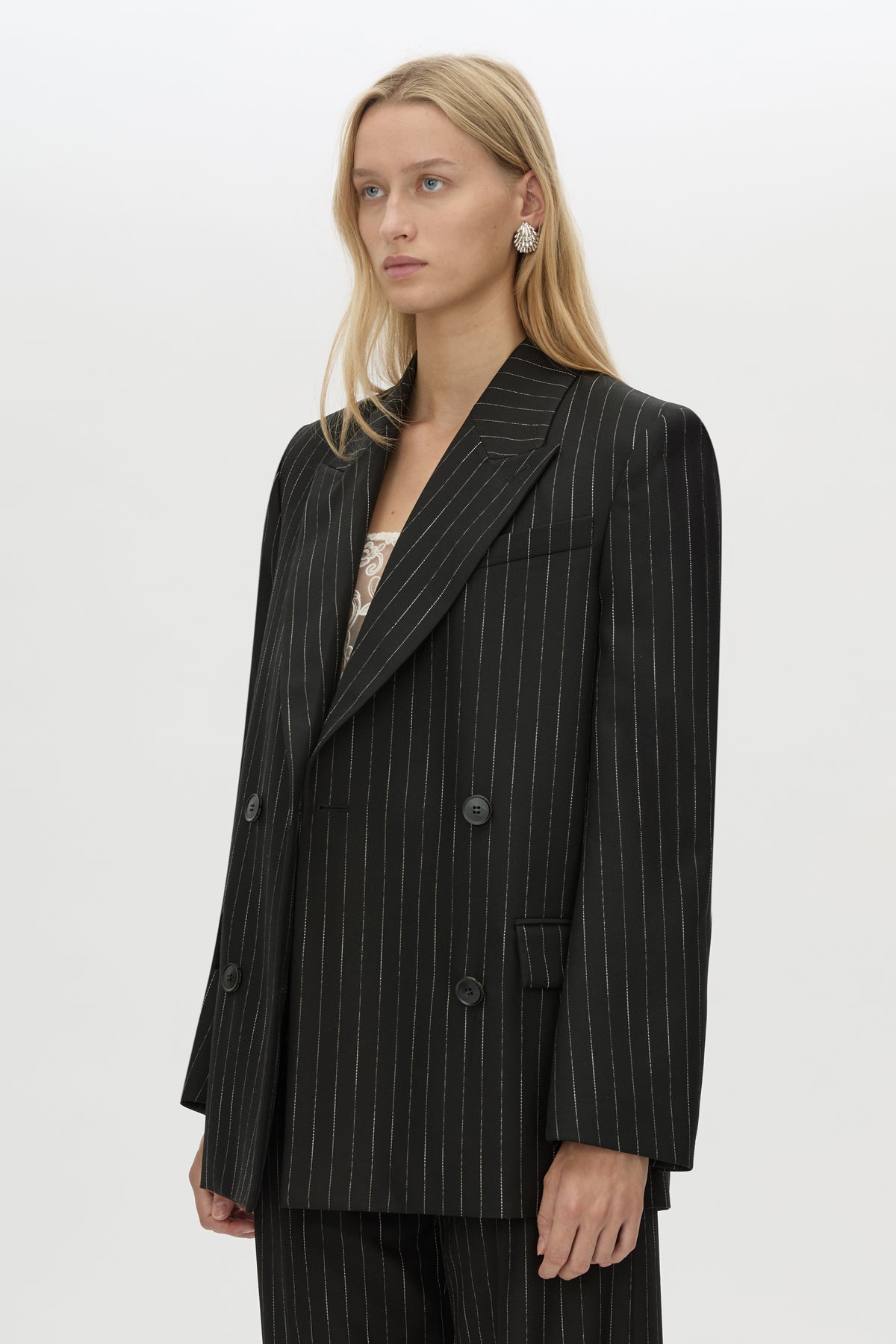 Cropped view CAMILLA AND MARC Alvar Double Breasted Blazer in black and white stripe.