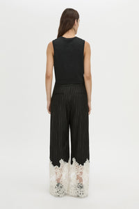 Back view CAMILLA AND MARC wide-leg Alvar Lace Pant in black and white stripe with scalloped lace hem.