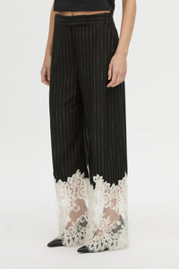 Cropped view CAMILLA AND MARC wide-leg Alvar Lace Pant in black and white stripe with scalloped lace hem.
