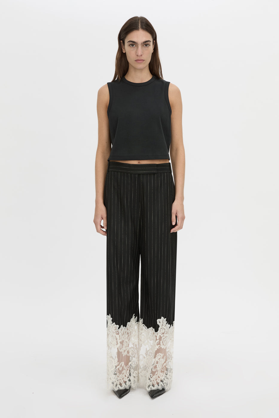 Front view CAMILLA AND MARC wide-leg Alvar Lace Pant in black and white stripe with scalloped lace hem.