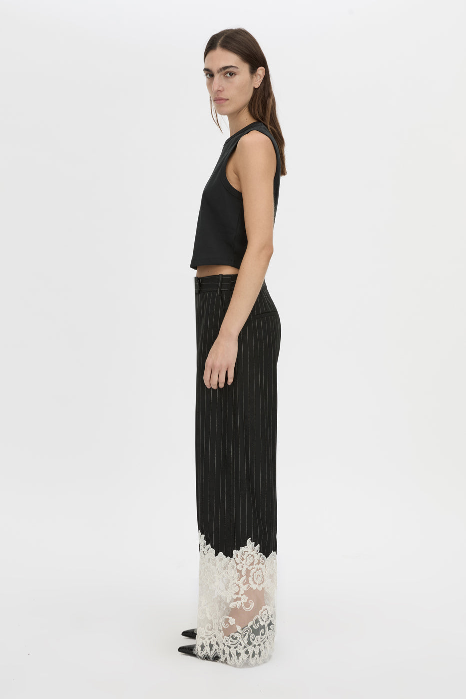 Side view CAMILLA AND MARC wide-leg Alvar Lace Pant in black and white stripe with scalloped lace hem.