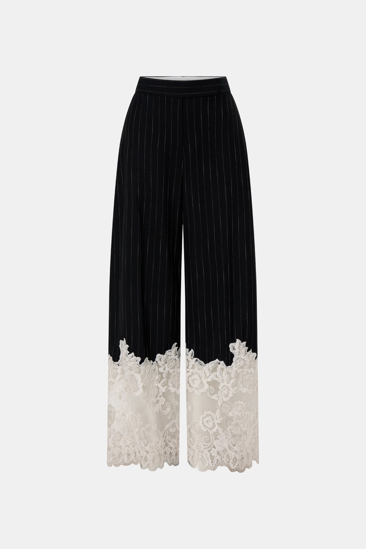 Ghost view CAMILLA AND MARC wide-leg Alvar Lace Pant in black and white stripe with scalloped lace hem.