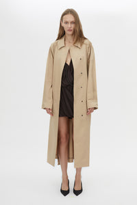 Front view CAMILLA AND MARC Amery Mini Dress in Espresso styled with the Mahdavi Trench.