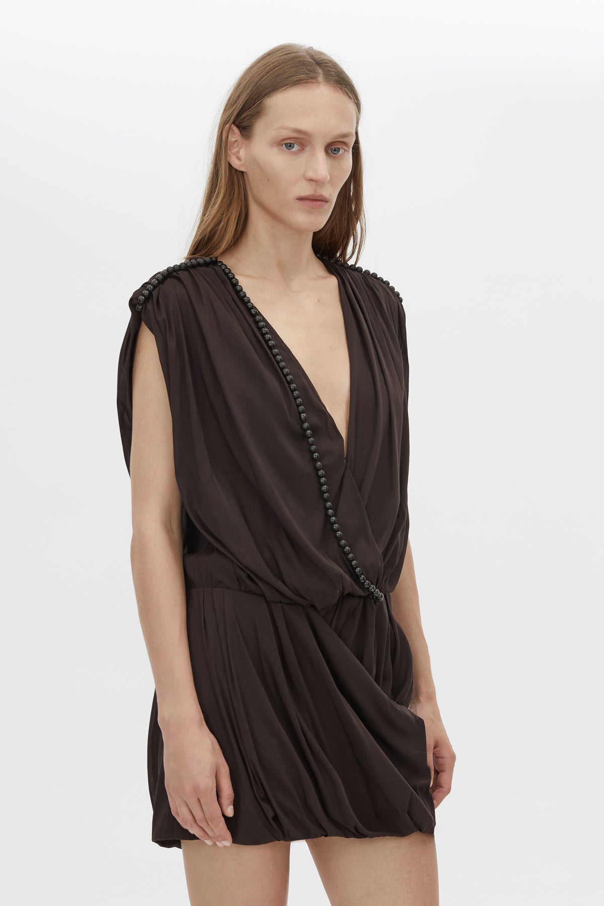 Cropped view CAMILLA AND MARC Amery Mini Dress in Espresso with draped short sleeves and a beaded neckline.