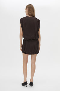 Back view CAMILLA AND MARC Amery Mini Dress in Espresso with draped short sleeves and a beaded neckline.