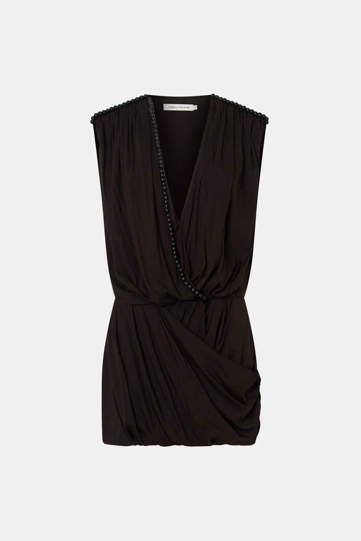 Ghost view CAMILLA AND MARC Amery Mini Dress in Espresso with draped short sleeves and a beaded neckline.