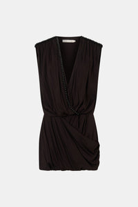 Ghost view CAMILLA AND MARC Amery Mini Dress in Espresso with draped short sleeves and a beaded neckline.