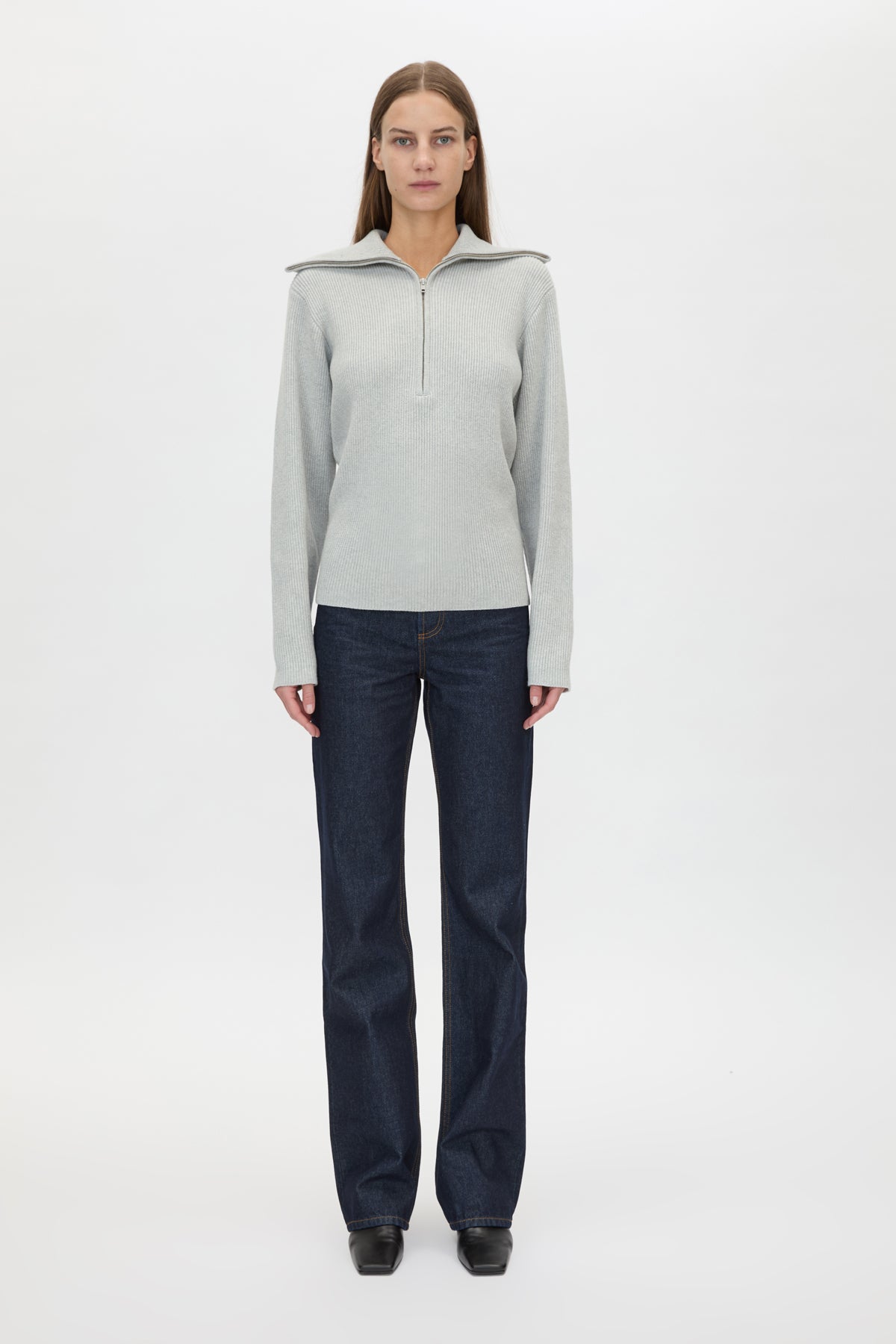 Front view CAMILLA AND MARC Anouk Knit Pullover in Grey Marle with quarter‑zip metal opening and cotton–merino blend.