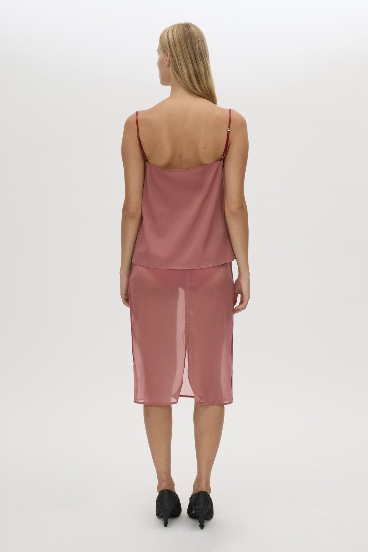 Back view CAMILLA AND MARC Arabella Cami Top in sheer dusty rose.