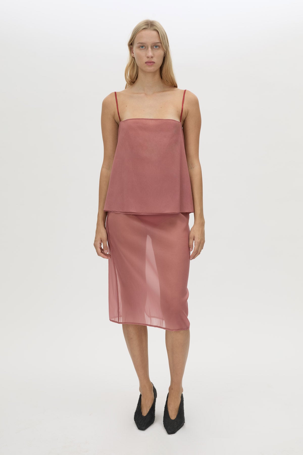 Front-styled view CAMILLA AND MARC Arabella Cami Top in sheer dusty rose.