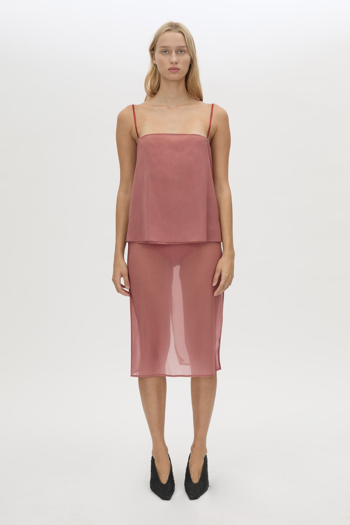 Front view CAMILLA AND MARC Arabella Cami Top in sheer dusty rose.