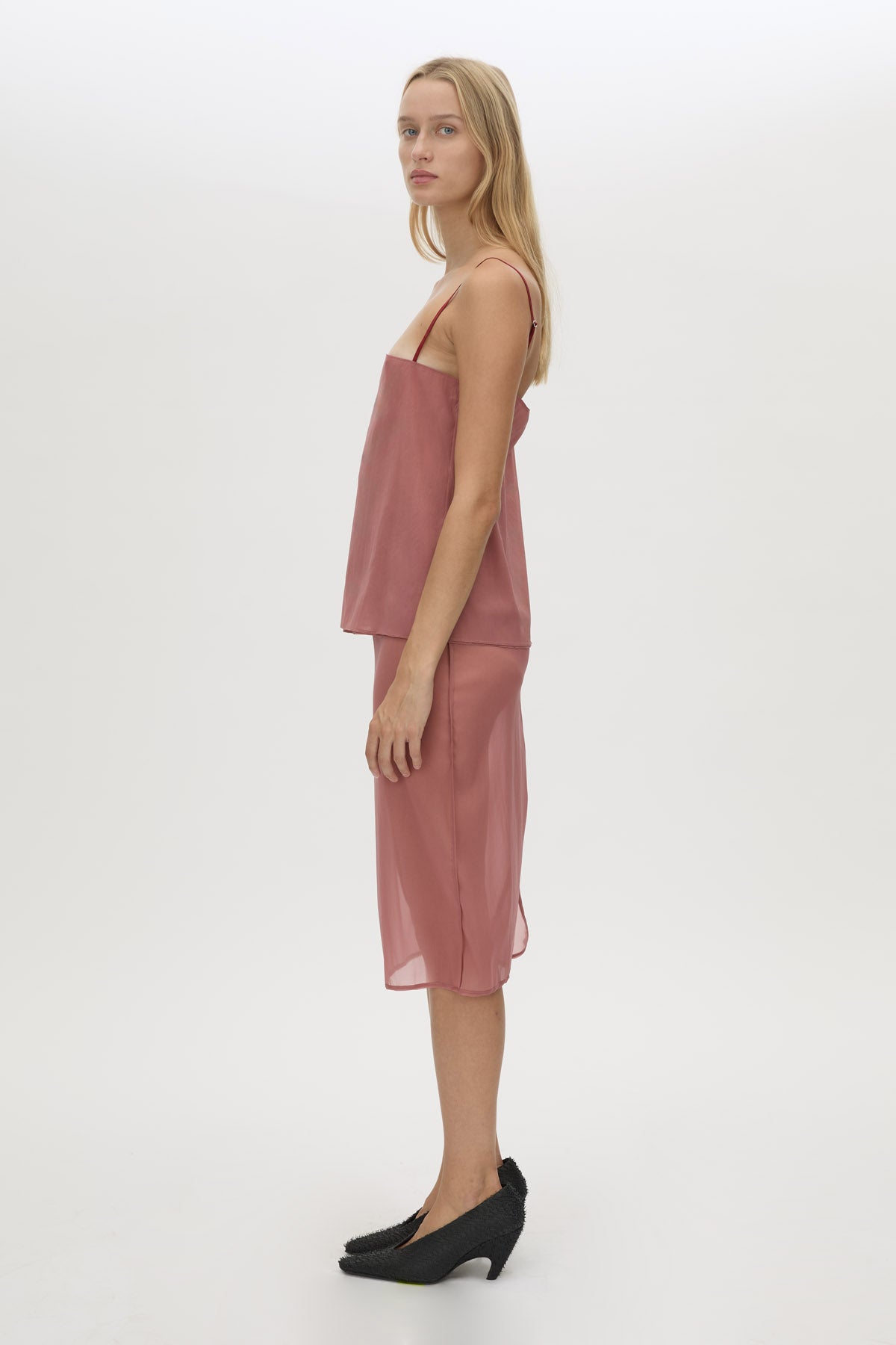Side view CAMILLA AND MARC Arabella Cami Top in sheer dusty rose.