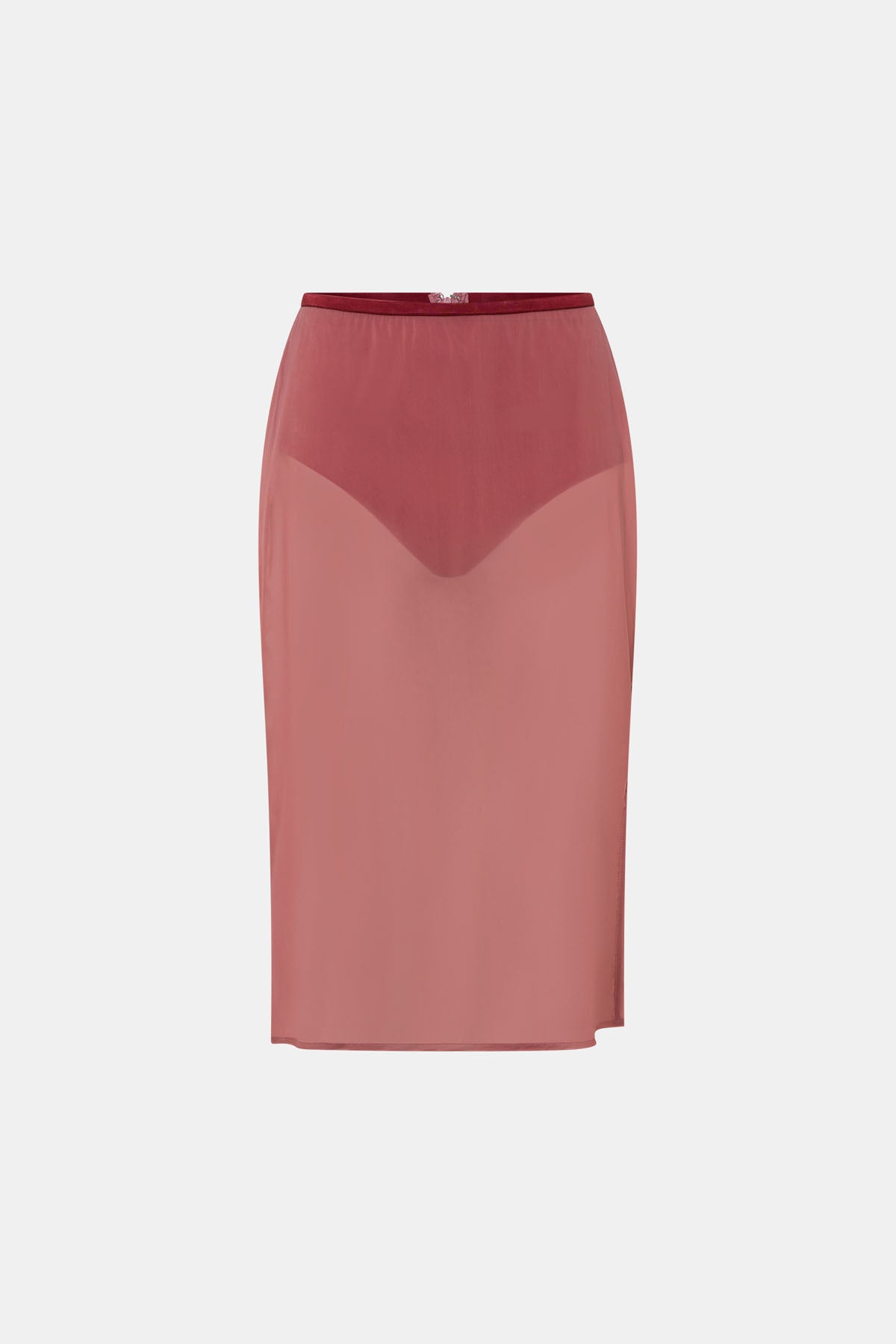 Ghost view CAMILLA AND MARC Arabella Midi Skirt in sheer dusty rose with detachable jersey brief and jersey mini skirt.