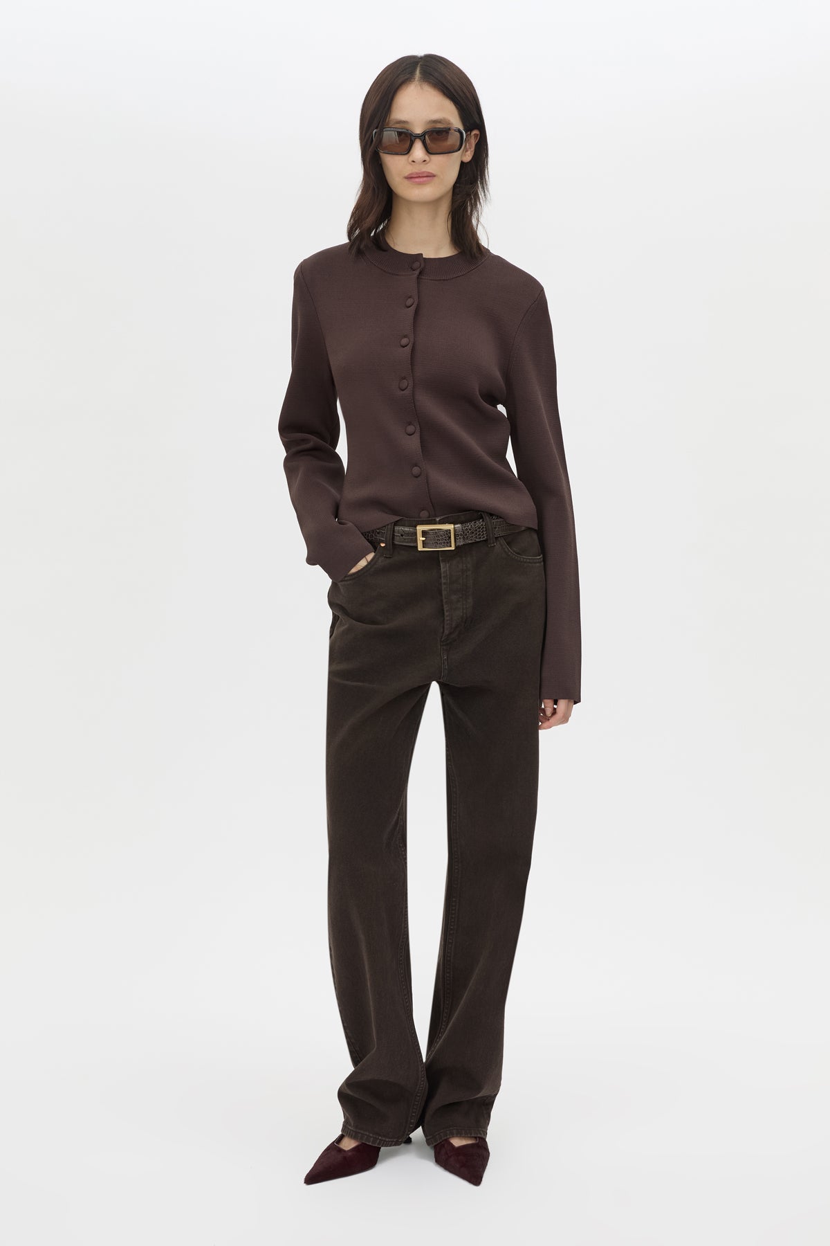 Front view CAMILLA AND MARC Aria Knit Cardigan in Chocolate Brown with button‑up front and soft knit finish.