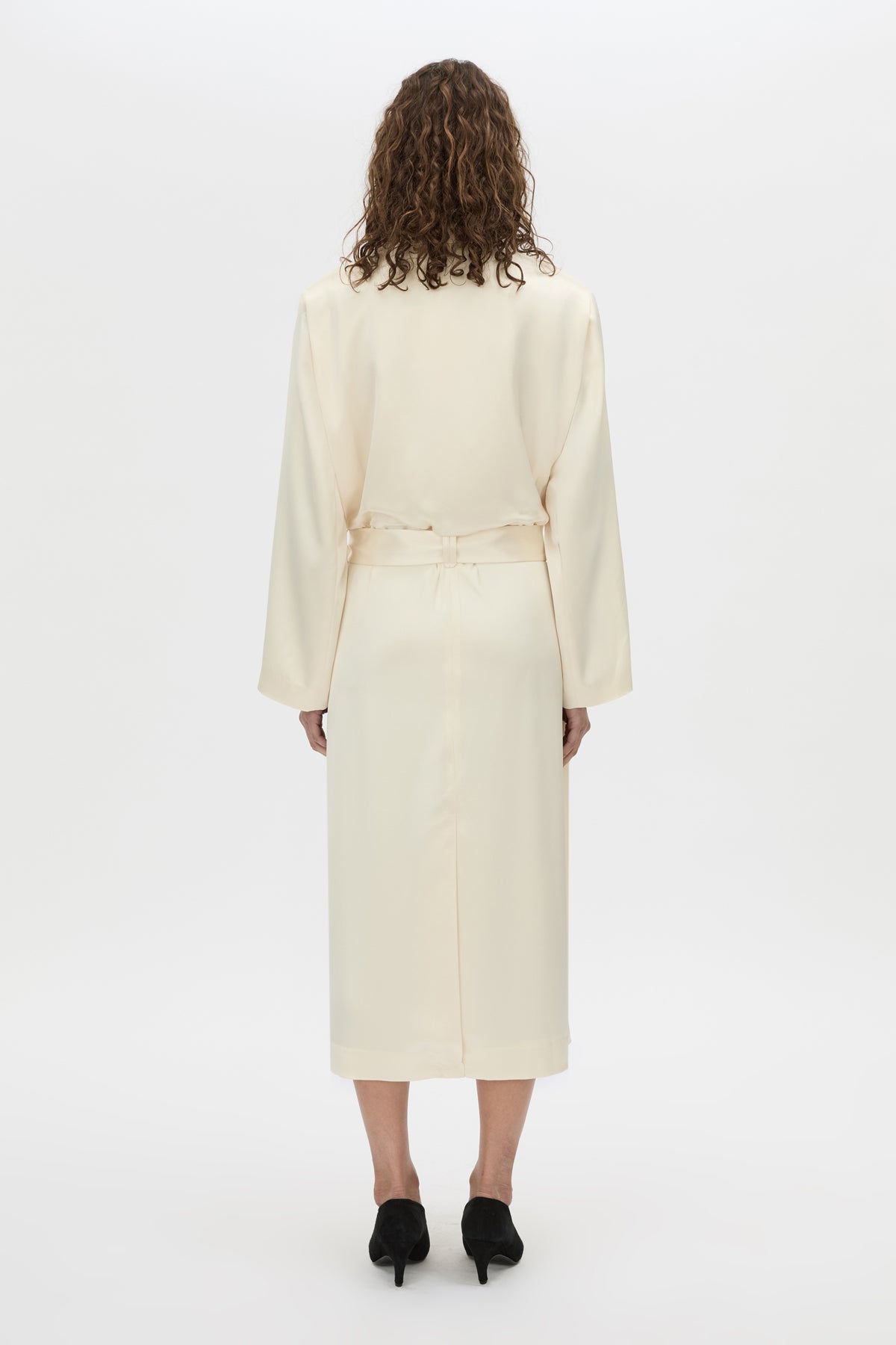 Back view CAMILLA AND MARC Arion Shawl Collar Dress in cream with wrapped robe-style design.
