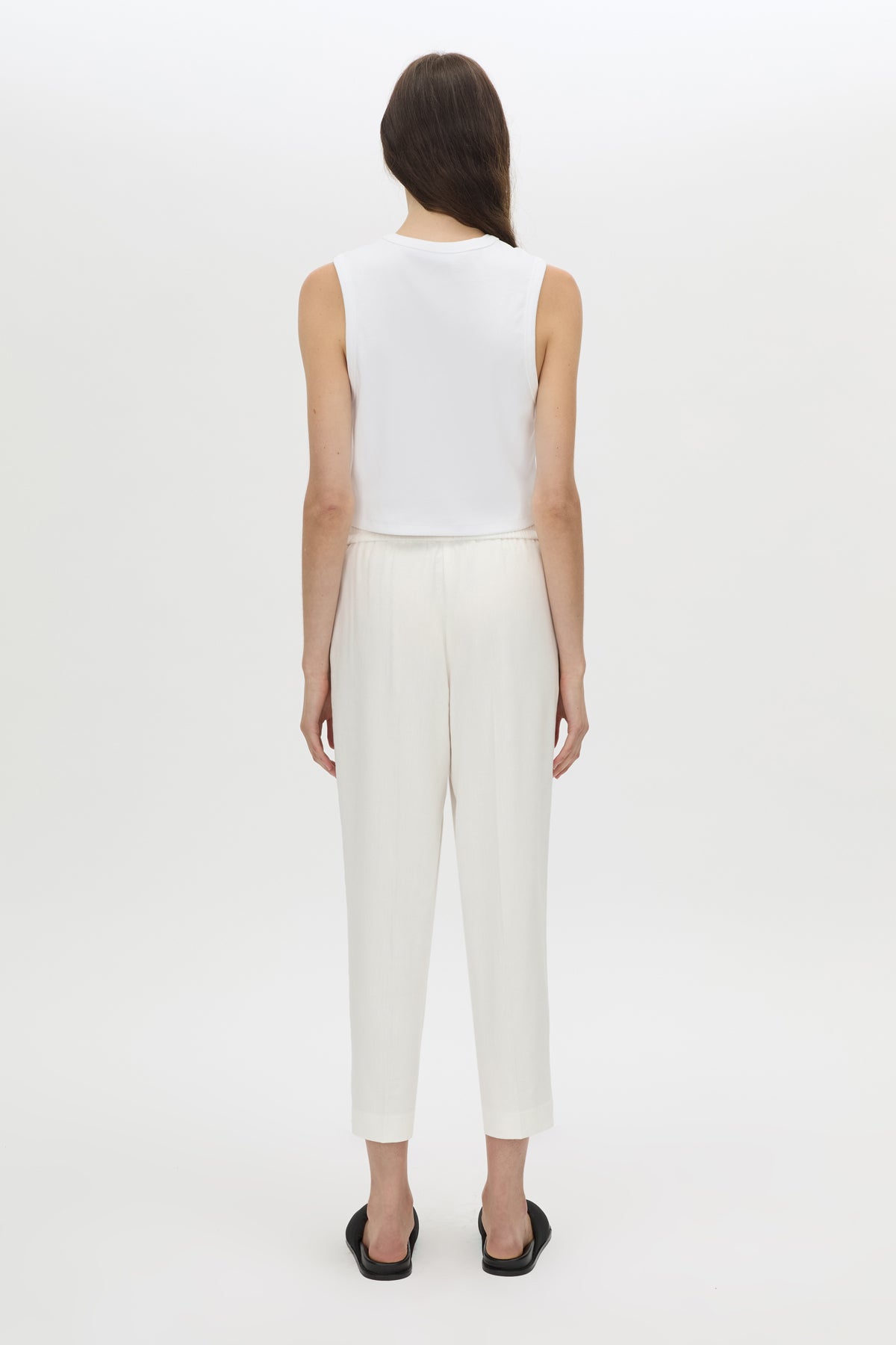 Back view CAMILLA AND MARC straight leg Arlowe Crop Pant in soft white with elasticated waistband.