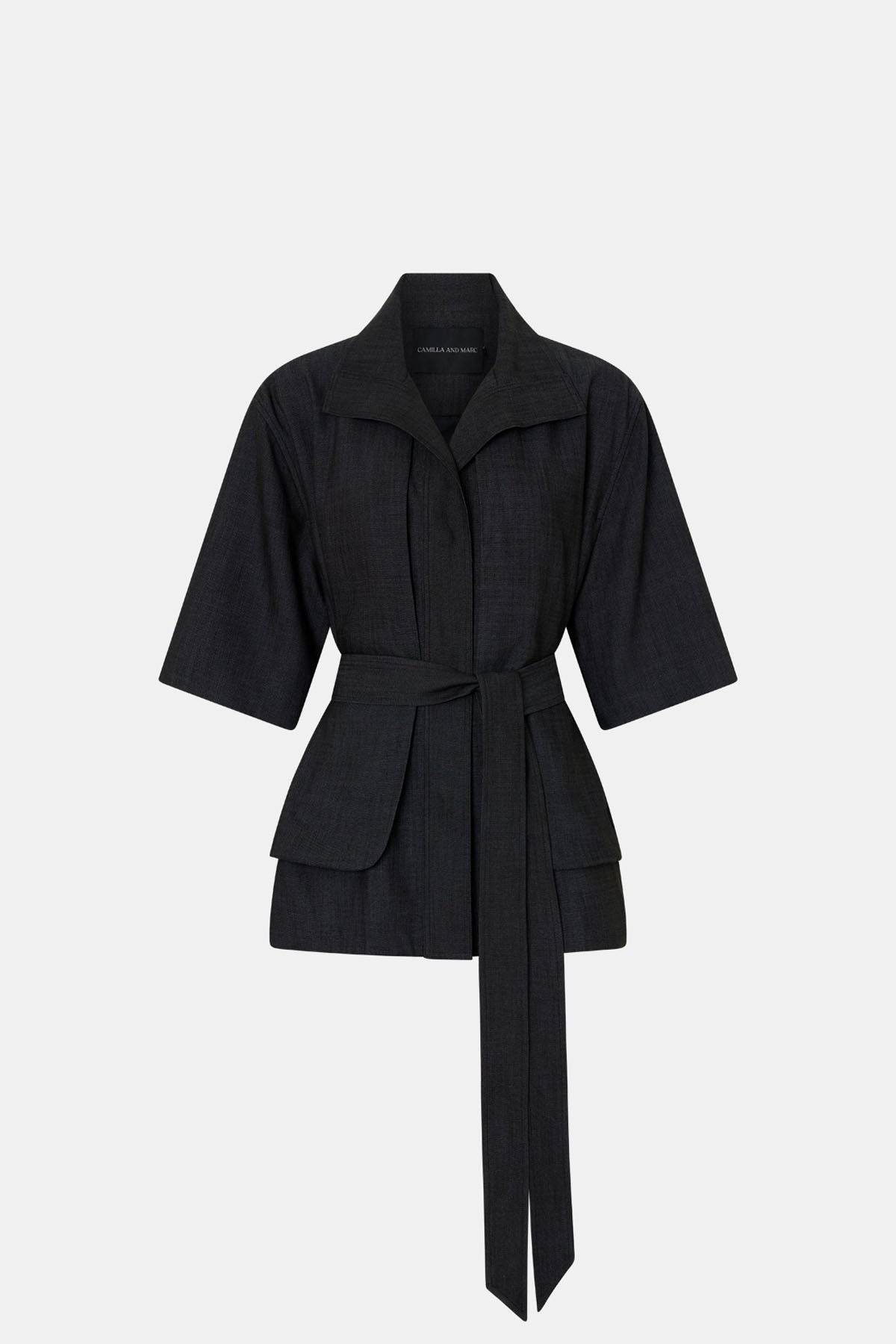 Ghost view CAMILLA AND MARC cropped Arlowe Short Sleeve Jacket in denim navy.