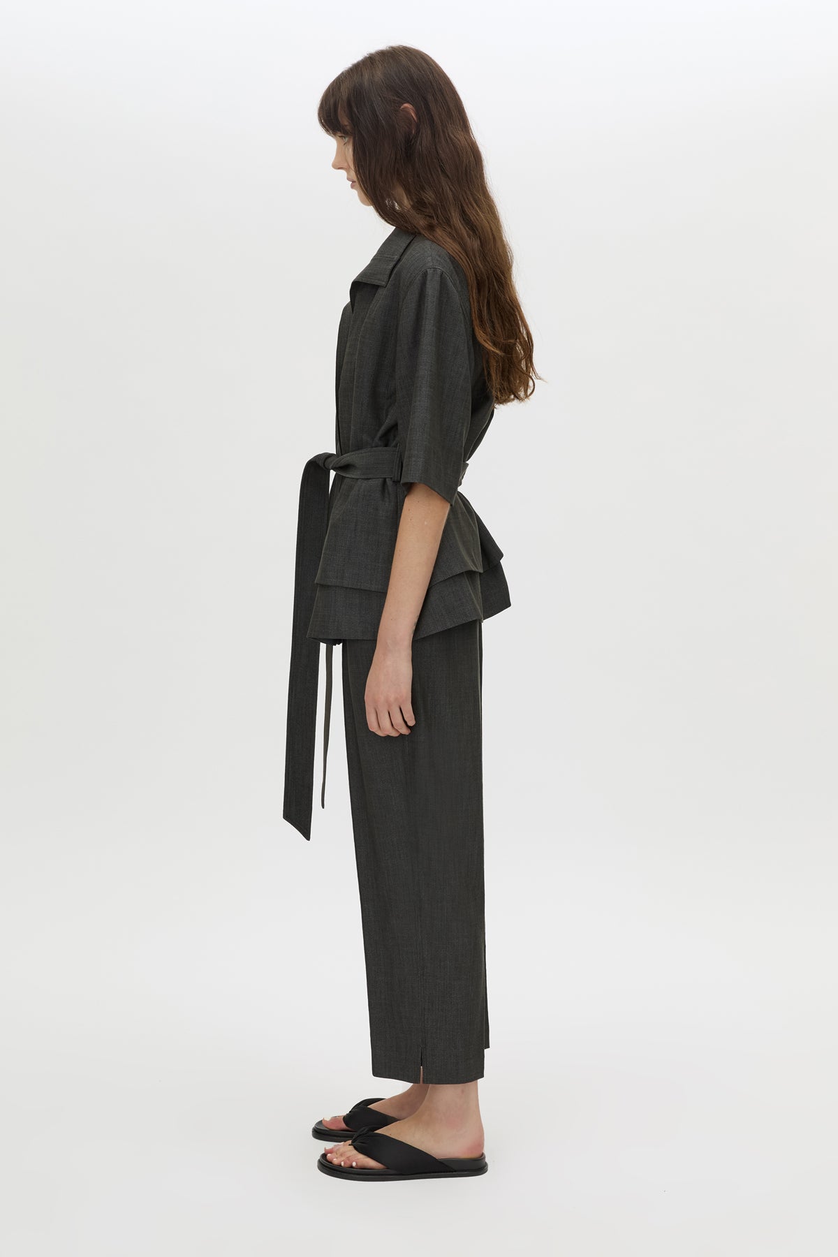 Side view CAMILLA AND MARC cropped Arlowe Short Sleeve Jacket in denim navy.