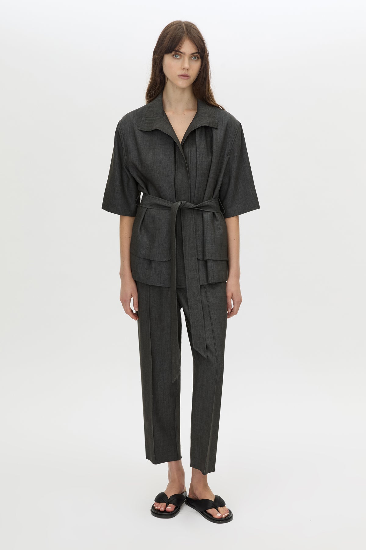 Front view CAMILLA AND MARC cropped Arlowe Short Sleeve Jacket in denim navy.