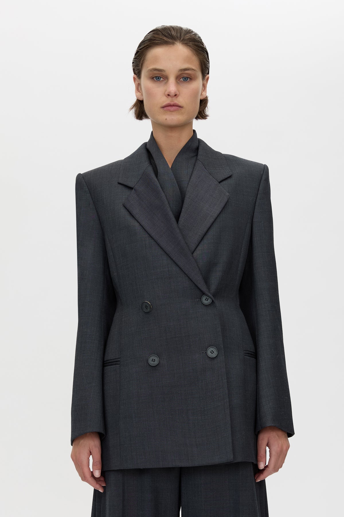 Cropped view CAMILLA AND MARC Ascent Fitted Hourglass Blazer in Dark Grey with contrast undercollar and 100% wool tailoring.