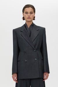 Cropped view CAMILLA AND MARC Ascent Fitted Hourglass Blazer in Dark Grey with contrast undercollar and 100% wool tailoring.