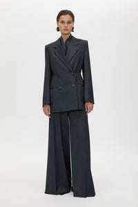 Front view CAMILLA AND MARC Ascent Fitted Hourglass Blazer in Dark Grey with contrast undercollar and 100% wool tailoring.