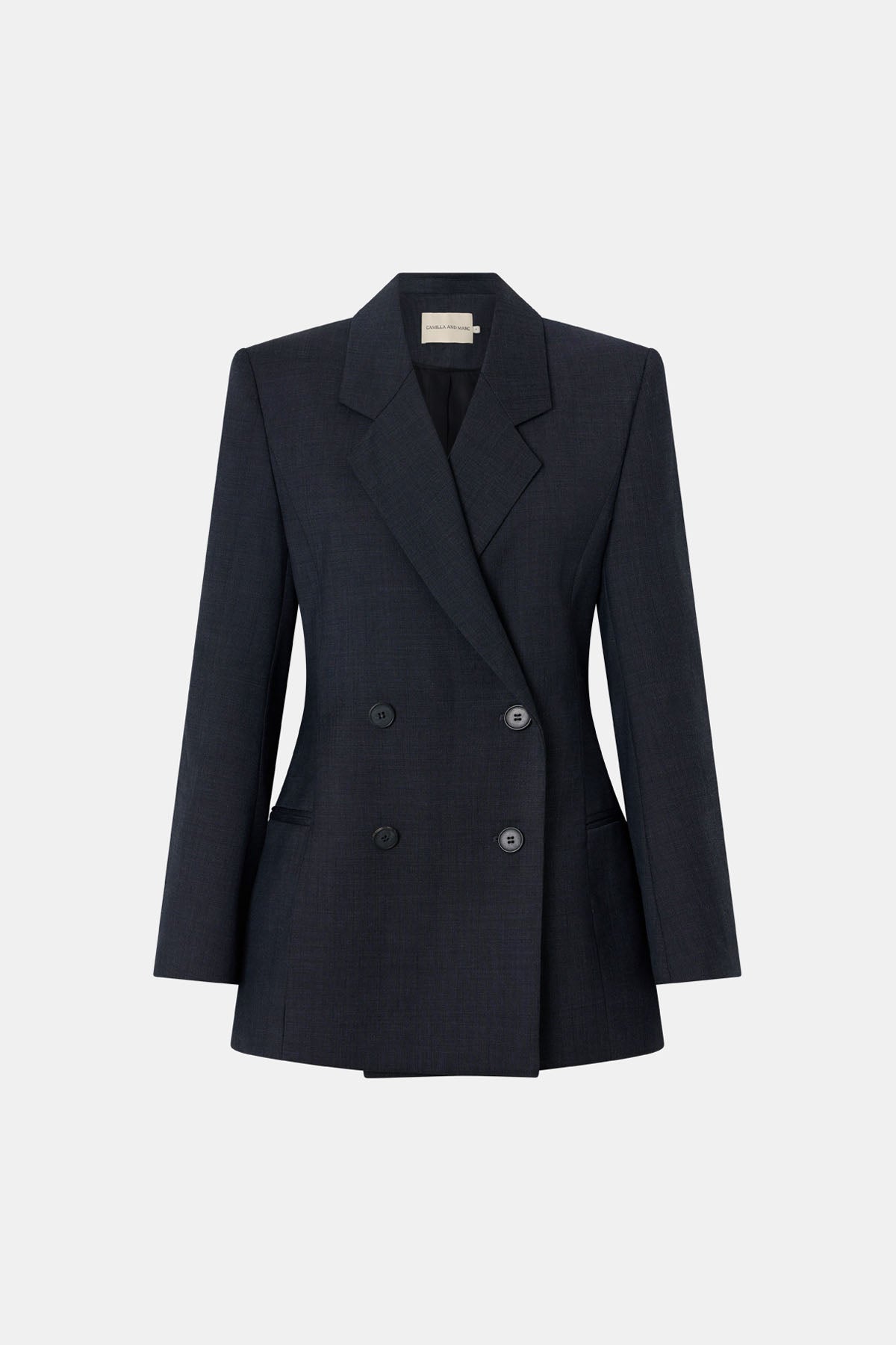 Ghost view CAMILLA AND MARC Ascent Fitted Hourglass Blazer in Dark Grey with contrast undercollar and 100% wool tailoring.