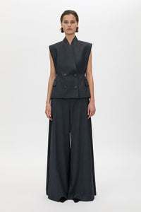 Front view CAMILLA AND MARC Ascent Double Breasted Vest in Dark Grey styled with the Ascent Wide Leg Side Pleat Pant.