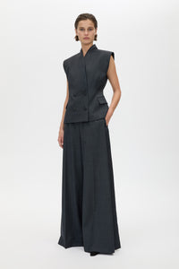Front view CAMILLA AND MARC Ascent Double Breasted Vest in Dark Grey with tailored wool finish.