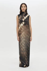 Front view CAMILLA AND MARC Asper Maxi Dress in Chocolate Print with a sleeveless column silhouette.