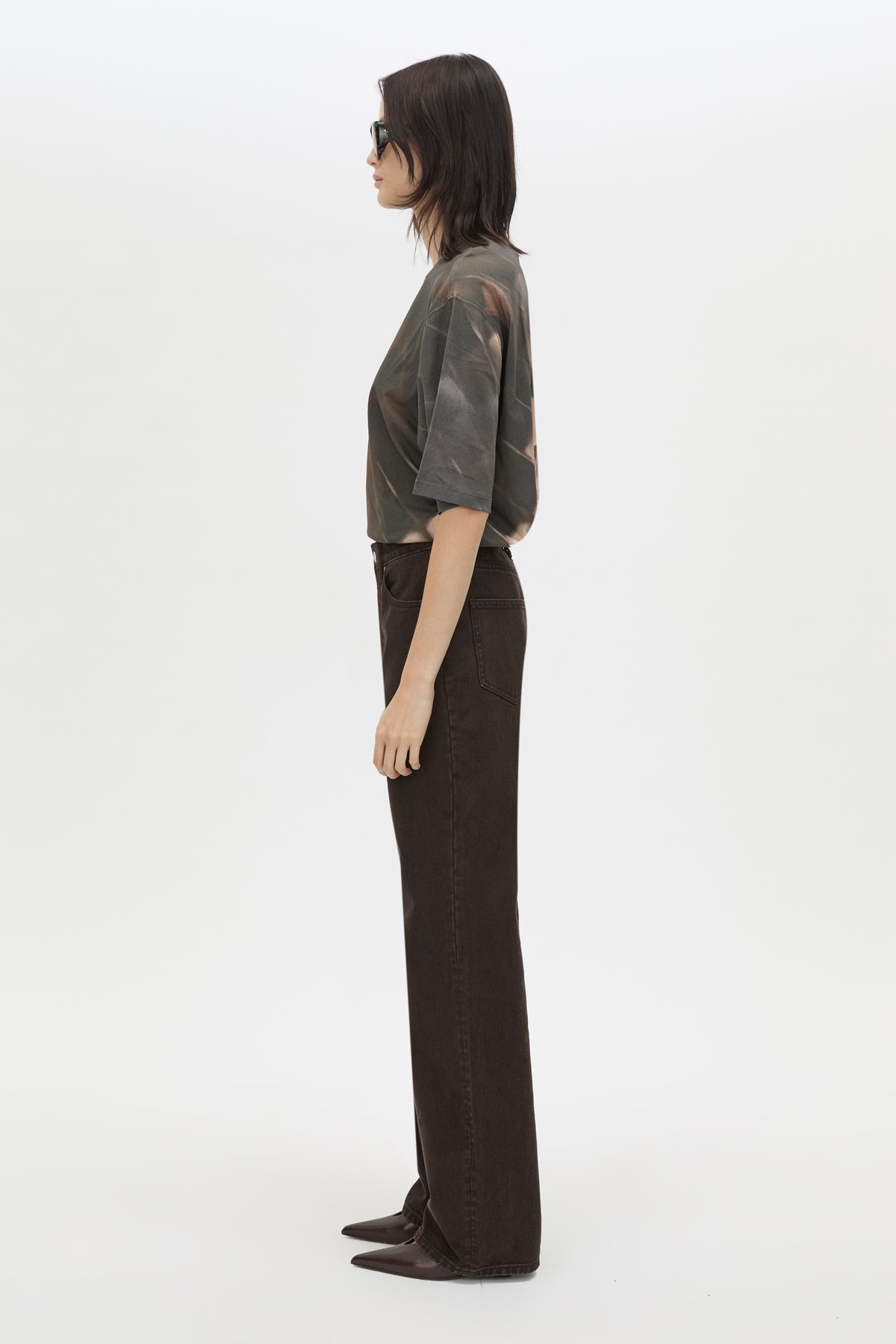 Side view CAMILLA AND MARC Asper Print Tee in Brown with oversized short‑sleeve silhouette and printed artwork. 